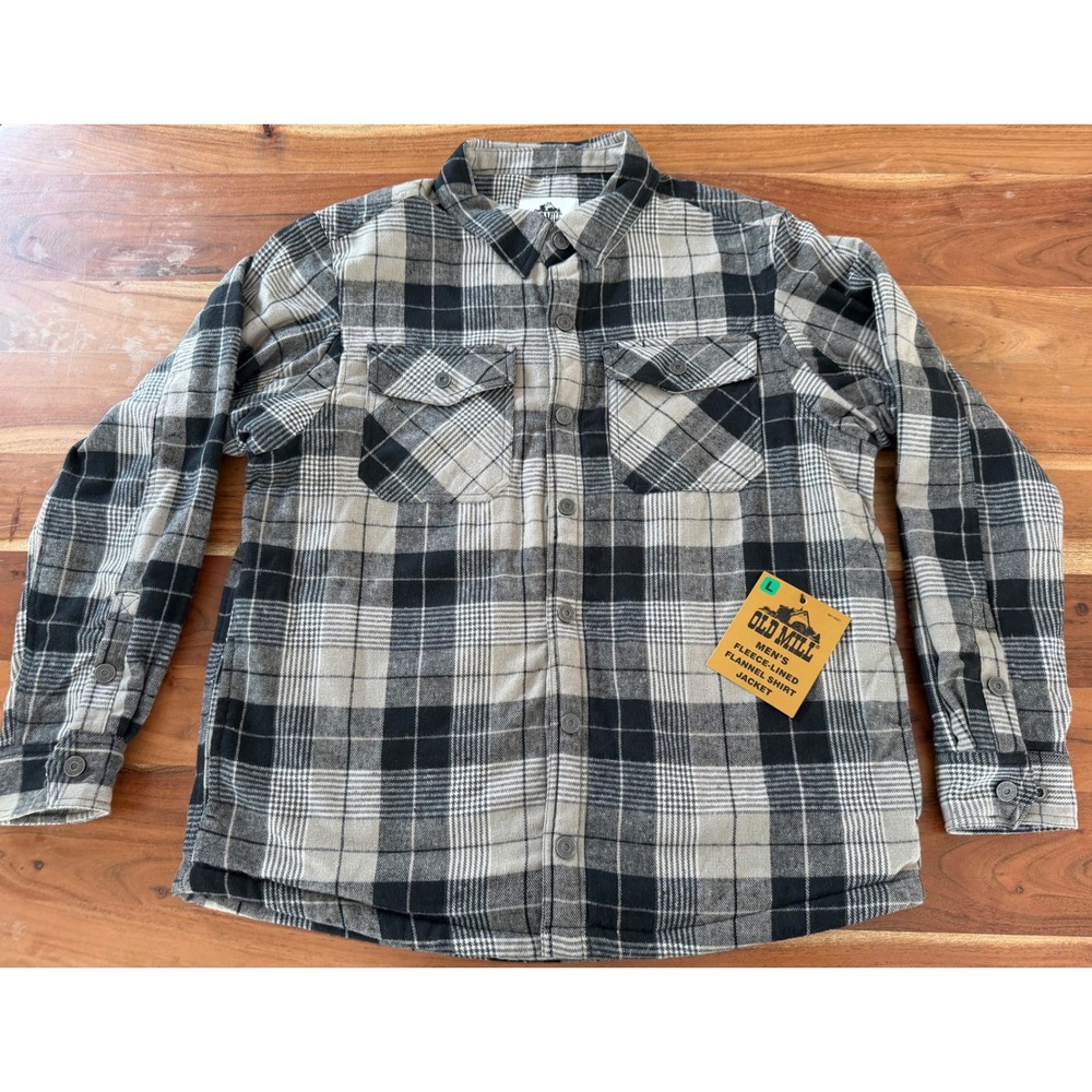 Old Mill Mens Fleece Lined Flannel Shirt Jacket Plaid Black Grey White Large NEW